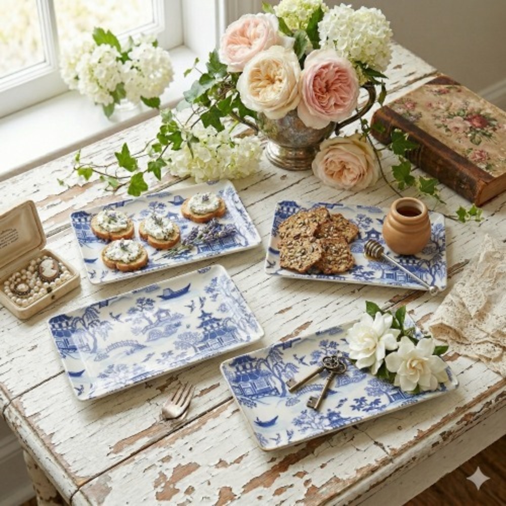 Shabby Chic‎ Melamine Appetizer Plates Set of 4 – Blue & White Chinoiserie Tray